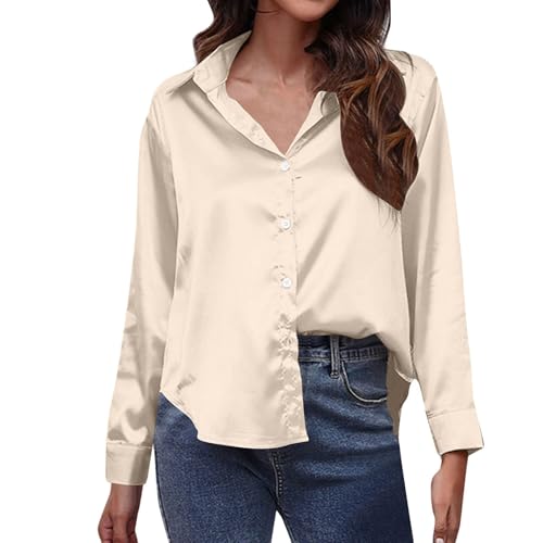 Generisch Damen Elegante Bluse Satin Hemd Locker Langarmshirt Business Tops Arbeit Hemdbluse Basic Revers Shirt Button Down Tunika Mode Casual Blusenshirt Langarm Oberteile Einfarbig Longbluse von Generisch