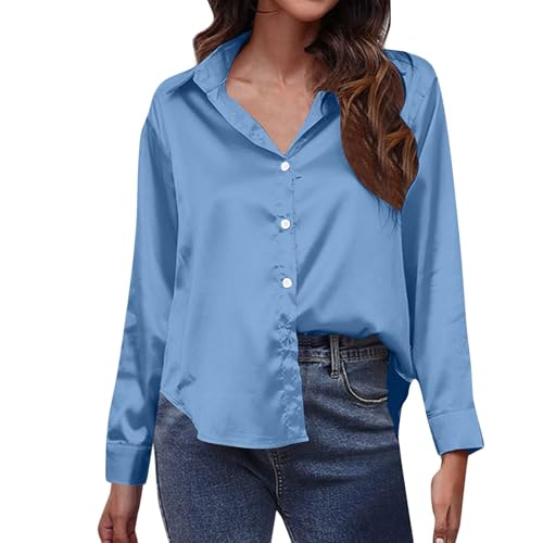 Generisch Damen Elegante Bluse Satin Hemd Locker Langarmshirt Business Tops Arbeit Hemdbluse Basic Revers Shirt Button Down Tunika Mode Casual Blusenshirt Langarm Oberteile Einfarbig Longbluse von Generisch