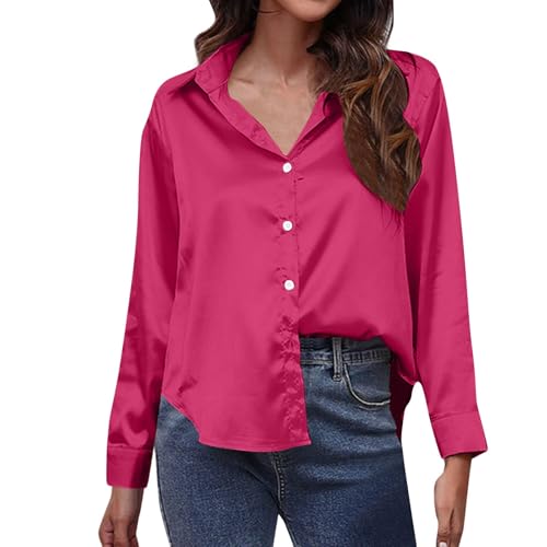 Generisch Damen Elegante Bluse Satin Hemd Locker Langarmshirt Business Tops Arbeit Hemdbluse Basic Revers Shirt Button Down Tunika Mode Casual Blusenshirt Langarm Oberteile Einfarbig Longbluse von Generisch