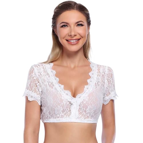 Generisch Damen Elegante Dirndlbluse, Schwarz Weiß Dirndl Bluse mit Spitze, Trachtenbluse für Oktoberfest Dirndlbluse Mädchen Dirndlbluse Damen Weiß von Generisch