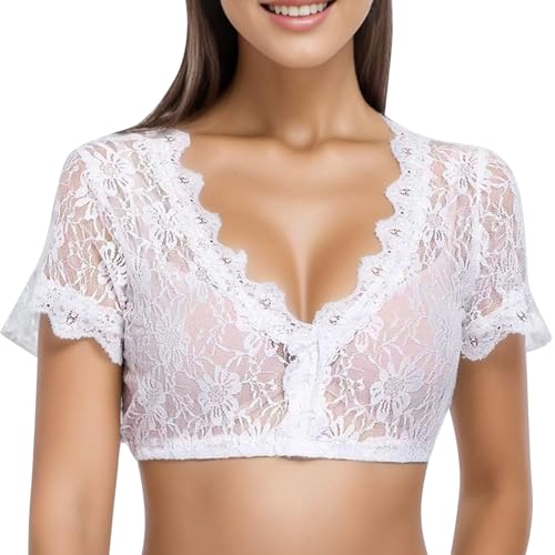 Generisch Damen Elegante Dirndlbluse,Schwarz Weiß Dirndl Bluse mit Spitze, Trachtenbluse für Oktoberfest Dirndl Bluse Damen Schulterfrei S-6XL von Generisch