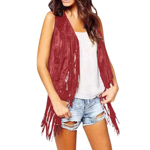 Generisch Damen Faux Wildleder Cowboy Ärmellos Weste Cardigan mit Fransen, Retro Hippie Fransenweste Mantel 60er 70er Jahre Cowgirl Fransen Hippieweste Boho Festival Bolero Karneval Faschingskostüme von Generisch