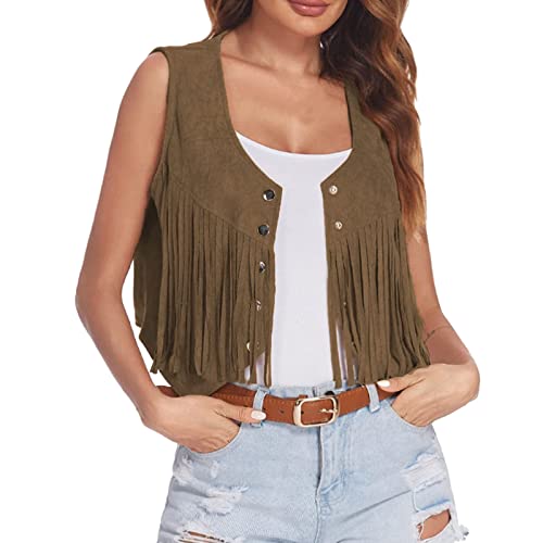 Generisch Damen Faux Wildleder Cowboy Ärmellos Weste Cardigan mit Fransen Weich Cowgirl Weste Kurze Fransenjacken Braun Weste mit Fransen Damen Retro Hippie-Kostüme 70er Fransenweste für Frauen von Generisch