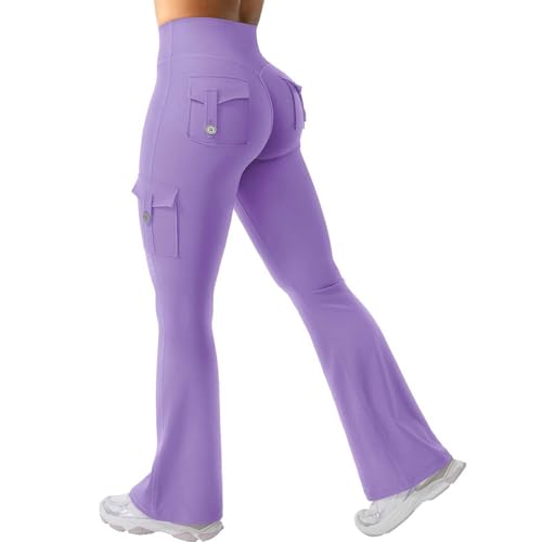 Generisch Damen Flare Leggings Scrunch Butt Lifting Yogahose mit Taschen High Waist Bauchkontrolle Schlaghose Workout Push Up Jogginghose Yoga Gym Bequeme Activewear Sporthose (Purple, XXXL) von Generisch