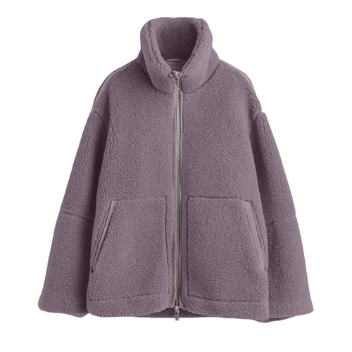 Generisch Damen Fleece Jacke Einfarbig Teddyfleece Outdoor Bekleidung Stehkragen Kuschelige Reißverschluss Fleecemantel mit Taschen von Generisch