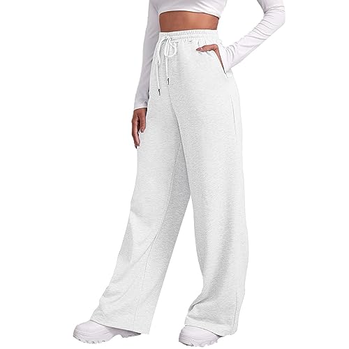 Generisch Damen Fleece Jogginghose Einfarbig Hose mit weitem geradem Bein Jogginghose Lässige Frauen Workout Jogginghose mit hoher Taille Jogginghose mit Taschen(Weiß, S) von Generisch