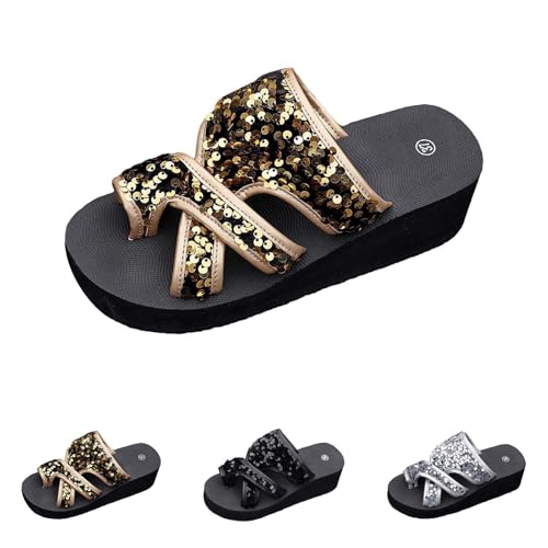 Generisch Damen Flip Flops Zehentrenner Plattform Sandalen Hausschuhe Plateau Strandschuhe Keilabsatz Hausschlappen Pantoffeln mit Pailletten Hallux Valgus Sommer Flach Pantolette Römersandalen von Generisch