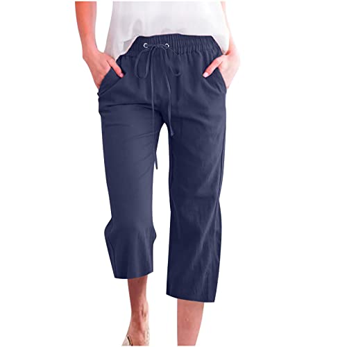 Generisch Damen Freizeit Hose Sommerhose mit Kordelzug und Taschen Casual Einfarbig Freizeithose Bequeme Leinenhose Stoffhose Leinen Baumwolle Stretch Leicht Leinenhose Straight Hosen Strandhose von Generisch