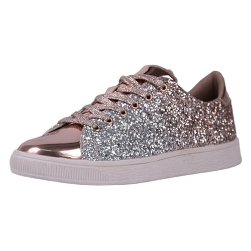 Generisch Damen Freizeit Schuhe Trendige Glitzer Pailletten Schnürschuhe Bequeme Flache Sneakers Perfekt für Alltag Freizeit (Gold, 37) von Generisch