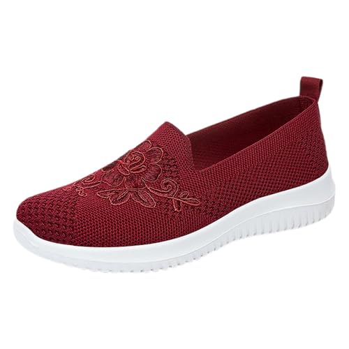 Generisch Damen-Freizeitschuhe, atmungsaktive Slip-On-Sneaker Mesh für den Alltag mit gesticktem Design, perfekt für Kleider, Jeans Freizeithosen (Red, 41) von Generisch