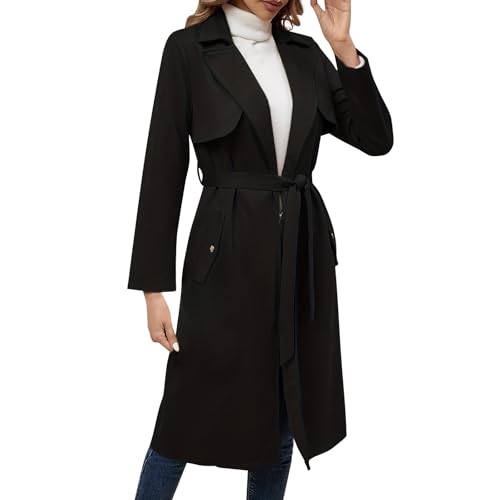 Generisch Damen Frühling Jacke Winddichte Cabanjacke mit Schulterknöpfen Schulterklappen Slim Fit Lange Jacken Verstellbare Gürtel Mantel Wintermantel Damen Lang Mantel Damen Schwarz Weiß von Generisch