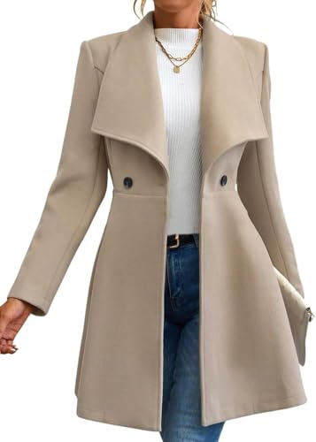 Generisch Damen Frühling Tweed Mantel Elegant Mittellang Schal Kragen Trenchcoat Lässig Warm Schlank Knopf Langarm Wolle Kleid Mantel Damen Mode Büro Mantel (Khaki,M) von Generisch