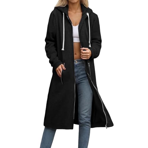 Generisch Damen Full-Zip Hoodie Oversized Lang Kapuzen Sweatjacke Einfarbig Elegant Zip up Kapuzenpullover mit Taschen und Kordelzug Mode Mantel Casual Bequeme Übergangsjacke Pour Outdoor (Black, M) von Generisch
