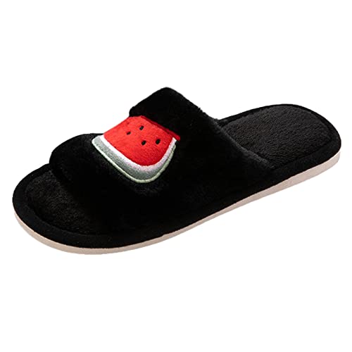 Generisch Damen Fuzzy Faux Memory Foam Flat Slide Slippers Bequeme Offene Zehenhausschuhe Baumwollslipper (Black, 40-41) von Generisch