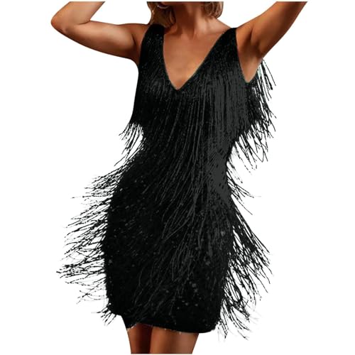 Generisch Damen Glänzende Pailletten Kleider Mit Quaste V-Ausschnitt Tanzkleid Fransenkleid Samba Tango Latin ChaCha Kleid Quastenrock Wettbewerb Kostüme Kleid mit Quasten von Generisch