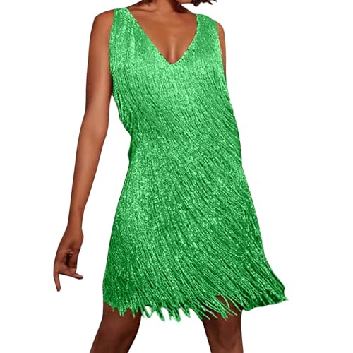 Generisch Damen Glänzende Pailletten Kleider Mit Quaste V-Ausschnitt Tanzkleid Fransenkleid Samba Tango Latin ChaCha Kleid Quastenrock Wettbewerb Kostüme Kleid mit Quasten von Generisch