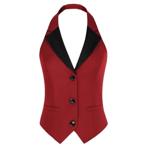 Generisch Damen Halfter Revers Knopf Anzugweste mit Taschen gekerbtes Revers Halfter Weste, rot, 38 von Generisch