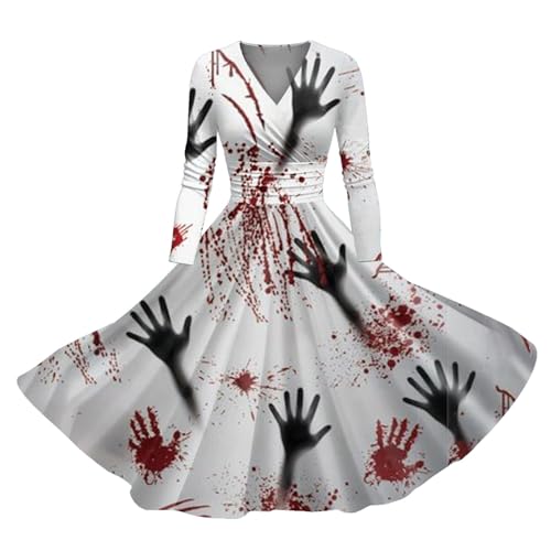 Generisch Damen Halloween Kostüm Gruselig Kleidung mit Blut Handabdruck V-Ausschnitt Cocktailkleid Hohe Taille Vintage Kleider Langarm Rot Brautkleid Entsetzen Blutigem Maxikleid für Mottoparty von Generisch