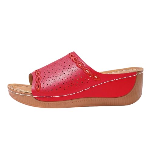 Generisch Damen Hausschuhe Retro Rundkopf Hohlkeilabsatz Leichte und Bequeme Freizeitsandalen Wasserfeste Schuhe Damen Plateauschuhe Bequeme Wanderschuhe (Red, 36) von Generisch