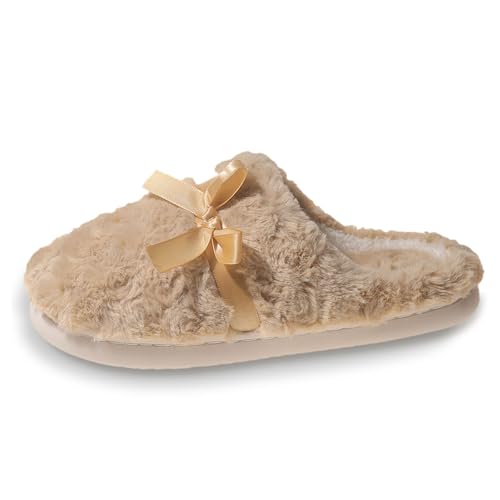 Generisch Damen Hausschuhe für den Winter warme Slipper mit gemütlicher Fellkapuze runde Zehenform modische Prints für zu Hause unterwegs (Khaki, 39) von Generisch