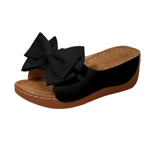 Generisch Damen-Hausschuhe mit Schleife muster, offene Zehenpartie, flache Passform, breite Passform, Barfußschuhe, Strandschuhe, Slipper, Mädchen für Damen, breite Passform, Damen-Slipper von Generisch