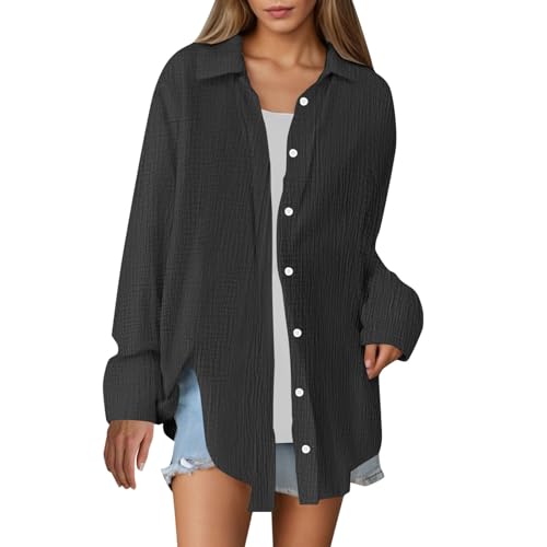 Generisch Damen Hemdbluse, Musselin Bluse Damen Oversized Button Down Sommer Hemdbluse Elegant 100% Baumwolle Longbluse Langarm Modern Tuniken Einfarbig Lässiges Hemd Oberteile, S-XXL Schwarz von Generisch