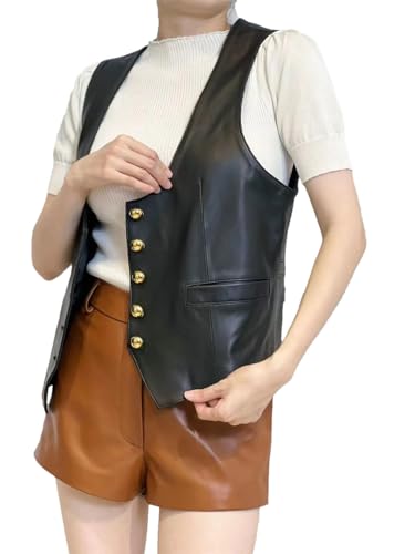 Generisch Damen Herbst Tiefer V-Ausschnitt Einreihige Lederweste Streetwear, Schwarz , 46 von Generisch