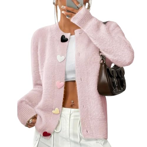 Generisch Damen Herz Fuzzy Strick Cardigan Pullover, Rundhalsausschnitt Fuzzy Pullover Herz Knopf vorne Strickpullover (Pink,M) von Generisch