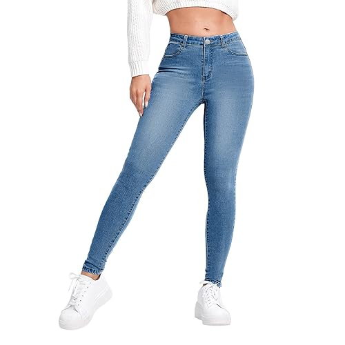 Generisch Damen High Waist Denim Slim Skinny Fit Jeans Stretchhose Jeggings Straight Fit Jeans in Übergröße (Blau, M) von Generisch