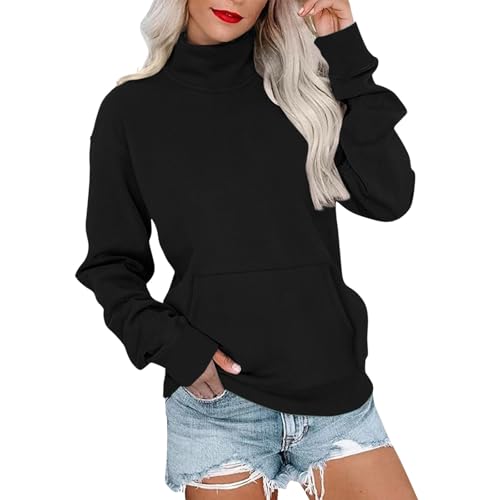 Generisch Damen Hoodie,Langarm Sweatshirt Herbst Für Damen Turtleneck Herbst Rundhals Oberteil Mit Tasche Elegant Casual Basic Langarmshirt Frauen Baumwolle Oversize Pullover Tops Ohne Kapuze von Generisch