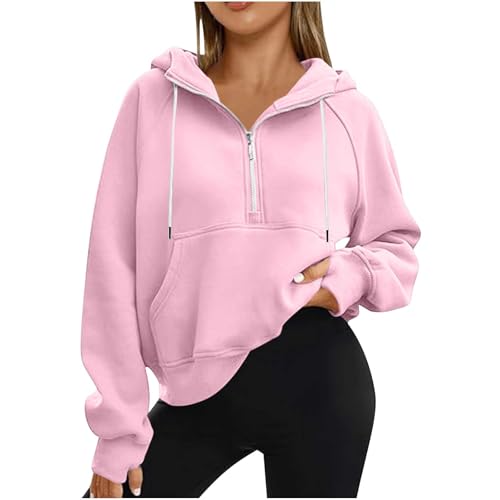 Generisch Damen Hoodie Casual Kapuzenpullover Half Reißverschluss Sweatshirt Dünn Pulli Mode Pullover Langarm Oberteile Daumenloch Langarmshirt Leichte Kapuzenpulli Sport Style Longpullover von Generisch