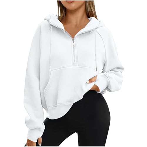 Generisch Damen Hoodie Casual Kapuzenpullover Half Reißverschluss Sweatshirt Dünn Pulli Mode Pullover Langarm Oberteile Daumenloch Langarmshirt Leichte Kapuzenpulli Sport Style Longpullover von Generisch