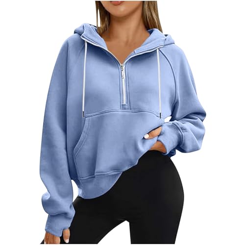 Generisch Damen Hoodie Casual Kapuzenpullover Half Reißverschluss Sweatshirt Dünn Pulli Mode Pullover Langarm Oberteile Daumenloch Langarmshirt Leichte Kapuzenpulli Sport Style Longpullover von Generisch