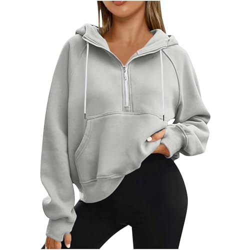 Generisch Damen Hoodie Casual Kapuzenpullover Half Reißverschluss Sweatshirt Dünn Pulli Mode Pullover Langarm Oberteile Daumenloch Langarmshirt Leichte Kapuzenpulli Sport Style Longpullover von Generisch