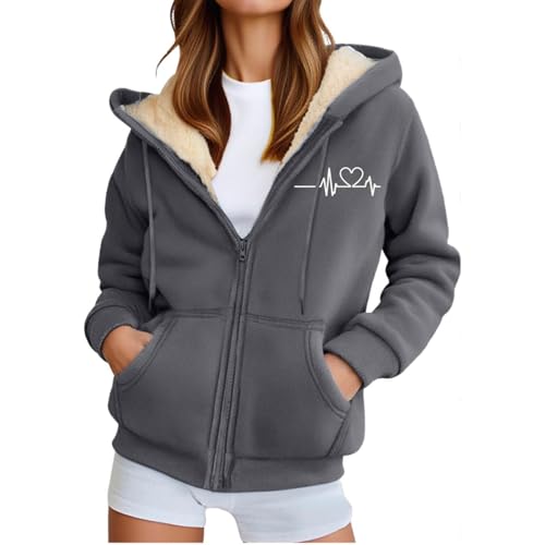 Generisch Damen Hoodie Fleecejacke Teddyfutter Hoodie,Teddy Fleece Jacke mit Kapuze Winterjacke Sweatjacke Thermo Kuschelige Flauschige Sweatshirt Warm Herbst Winter Kapuzenjacke (M-5Xl) Grey,XXL von Generisch