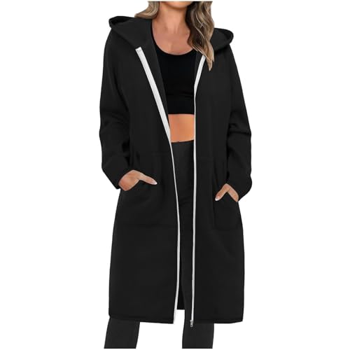 Generisch Damen Hoodie Jacke Kapuzenjacke Lange Mantel Langarm Einfarbig Trenchcoat Warme Oberteile Outdoorjacke übergangsjacke Herbst Sweatshirt Kapuzenpullover Angebote des Tages Heute Schwarz M von Generisch