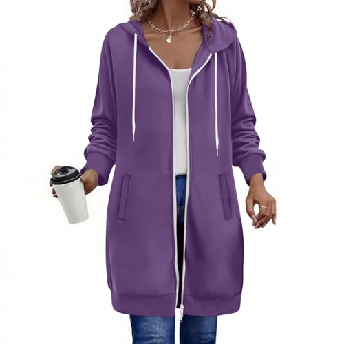 Generisch Damen Hoodie Jacke Oversize Reißverschluss Sweatjacke Lang Kapuzenpullover Baumwolle Winterjacke Langarm Mantel Winter Herbst Cardigan Fleecejacke Strickjacke mit Taschen Kapuzenpulli von Generisch