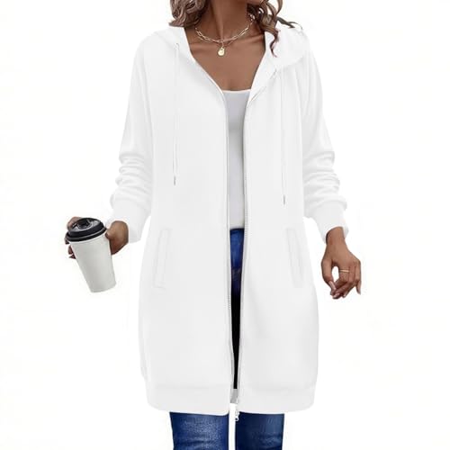 Generisch Damen Hoodie Jacke Oversize Reißverschluss Sweatjacke Lang Kapuzenpullover Baumwolle Winterjacke Langarm Mantel Winter Herbst Cardigan Fleecejacke Strickjacke mit Taschen Kapuzenpulli von Generisch