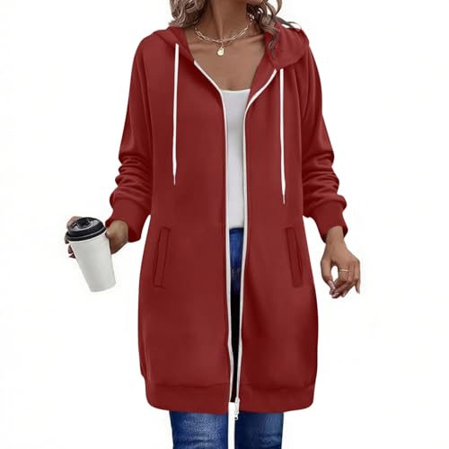 Generisch Damen Hoodie Jacke Oversize Reißverschluss Sweatjacke Lang Kapuzenpullover Baumwolle Winterjacke Langarm Mantel Winter Herbst Cardigan Fleecejacke Strickjacke mit Taschen Kapuzenpulli von Generisch