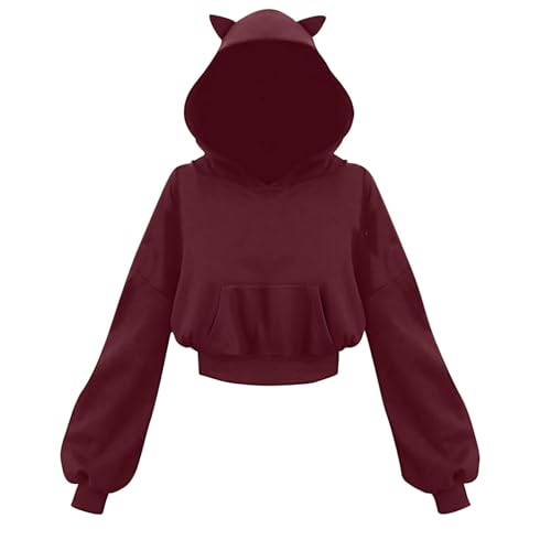 Generisch Damen Hoodie Oversize Kurz Pullover Damen Elegant Mit Kapuze Dünn Kapuzenpullover Damen Mit Ohren Bauchfrei Damenpullover Langarm Frühlingherbst Pulli Frauen Einfarbig Mit Tasche Hoodies von Generisch