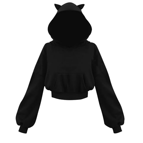 Generisch Damen Hoodie Oversize Kurz Pullover Damen Elegant Mit Kapuze Dünn Kapuzenpullover Damen Mit Ohren Bauchfrei Damenpullover Langarm Frühlingherbst Pulli Frauen Einfarbig Mit Tasche Hoodies von Generisch