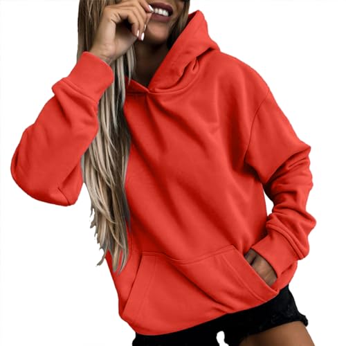 Generisch Damen Hoodie Oversize Langarm Kapuzenpullover Mit Taschen Und Kapuze Große Größen Einfarbig Sweatshirt Herbst Winter Hoody Baumwolle Casual Pullover Weich Oberteil Orange L von Generisch