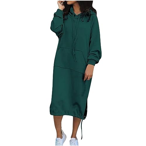 Generisch Damen Hoodie Pulloverkleid Mode Herbst Winter Kleid Langarm Kapuzenpullover Kleid Einfarbig Sweatkleid Freizeitkleid mit Taschen Frauen Kleid Casual Longsleeve Damen Prime Grün 4XL von Generisch