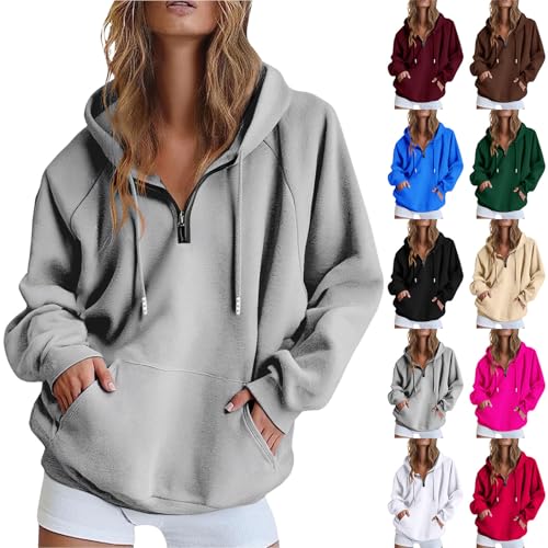 Generisch Damen Hoodie Sweatjacke 1/4 Zipper Sweatshirtjacke Damen Pullover Oberteile Kapuzenjacke Lang Sweatshirt Kapuzenpullover Mit Kapuze Langarm Sport Style Mit Reißverschluss Oversize von Generisch