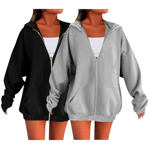 Damen Hoodie Sweatjacke 2 Stück Oversize Baumwoll Casual Sweatshirtjacke mit Taschen Frauen Warm Langarm Einfarbig Oberteile Sport Style Bomberjacke Mit Reißverschluss Outwear von Generisch