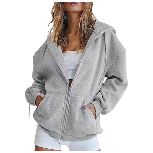 Generisch Damen Hoodie Sweatjacke Baumwoll Zipper Sweatshirtjacke Langarm Kapuzenjacke Lang Sweatshirt Mit Reißverschluss Oversize Kapuzenpullover Mit Kapuze Sport Style Pullover Grau S von Generisch