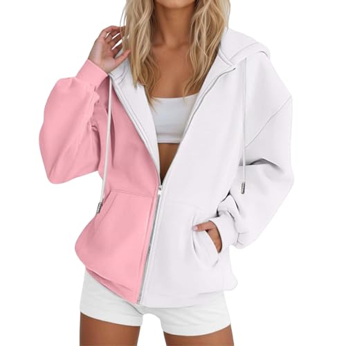 Damen Hoodie Sweatjacke Farbblocking Kapuzenjacke Zipper Winter Lang Sport Sweatshirt Langarm Kapuzenpullover Mit Kapuze Reißverschluss Mantel Oversize Pullover Rosa M von Generisch
