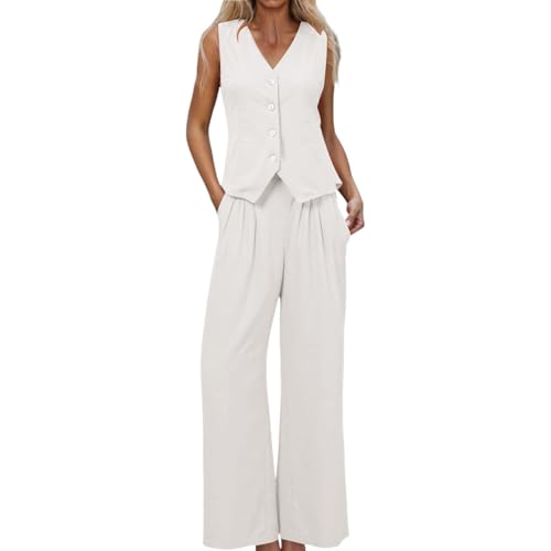 Generisch Damen Hosenanzug Set Elegant Einfarbig Business Anzuge 2 Teiler Set Ärmellos Blazern Weste Hohe Taille Hosen Festlich Zweiteiler Anzuge Sommer Outfit Set Streetwear (Z2-White, XXXXL) von Generisch