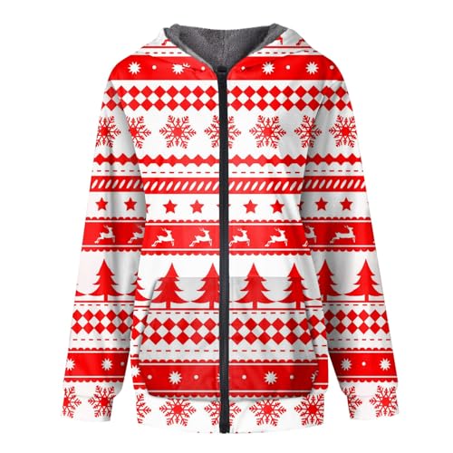 Generisch Damen Jacke, Damenmäntel Winter Outdoor Langarm Samt Verdickt Weihnachten Print Kapuzenjacke Outwear Daunenmantel Outlet Mantel Fleecejacke Lang Winterjacke Grosse Grössen (3XL, Red) von Generisch