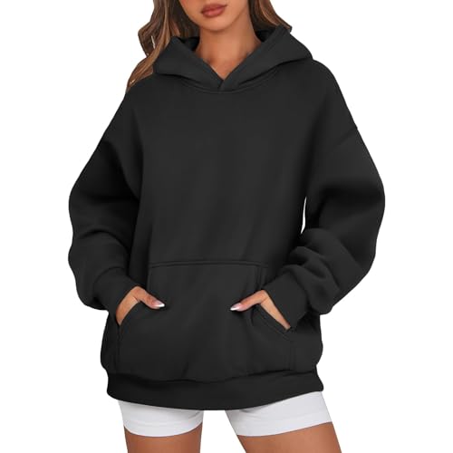 Generisch Damen Jacke Hoodie Damen Oversize Pullover Casual Sport Langarm Fleece Gefütterte Sweatshirt Mit Kapuze Einfarbig Basic Kapuzenpullover S 02-Schwarz von Generisch